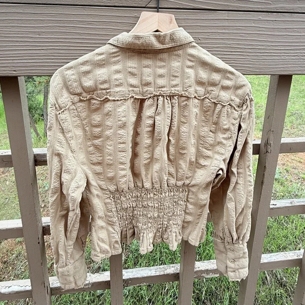 Free People Tammy Textured, Ruched Khaki Button Down